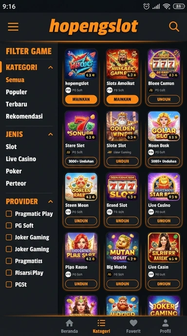 Tampilan katalog aplikasi hopengslot