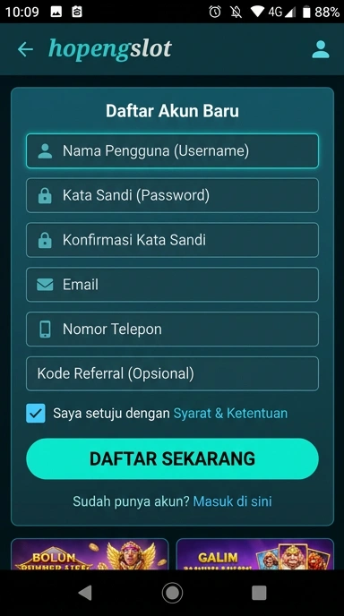 Tampilan halaman daftar hopengslot
